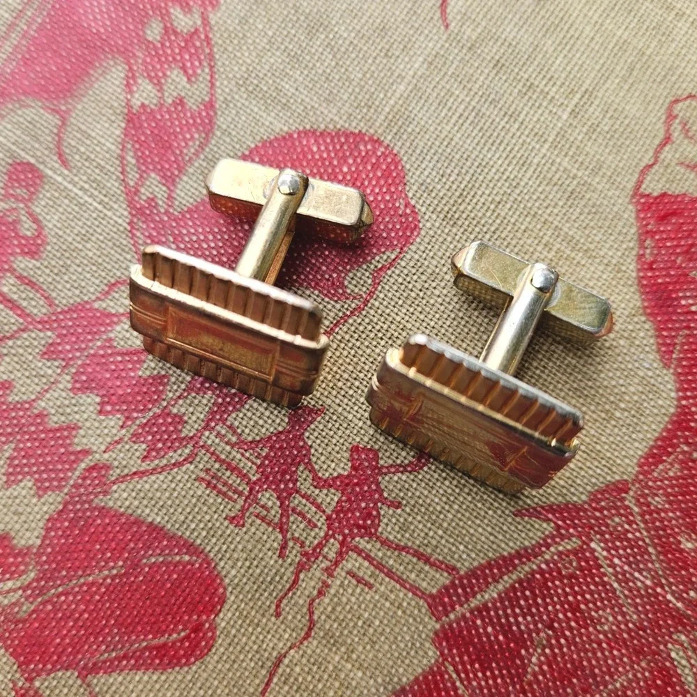 Vintage 20s 30s Gold Tone Art Deco Ribbed Rectangular Cufflinks Mens Formal
